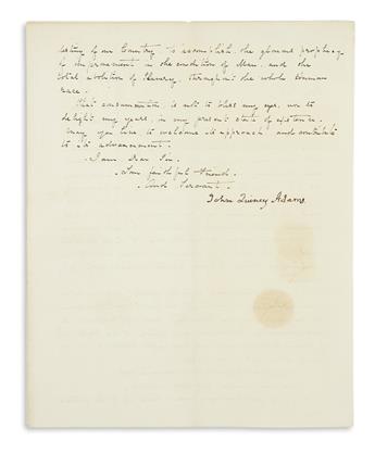 ADAMS, JOHN QUINCY. Letter Signed, to Representative Julius Rockwell,